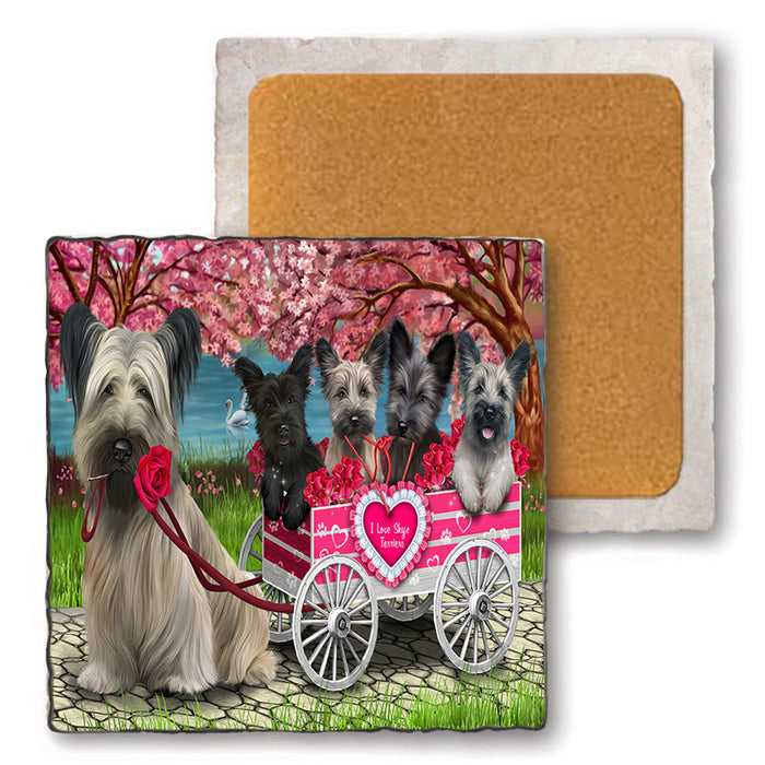 I Love Skye Terrier Dogs in a Cart Set of 4 Natural Stone Marble Tile Coasters MCST52121