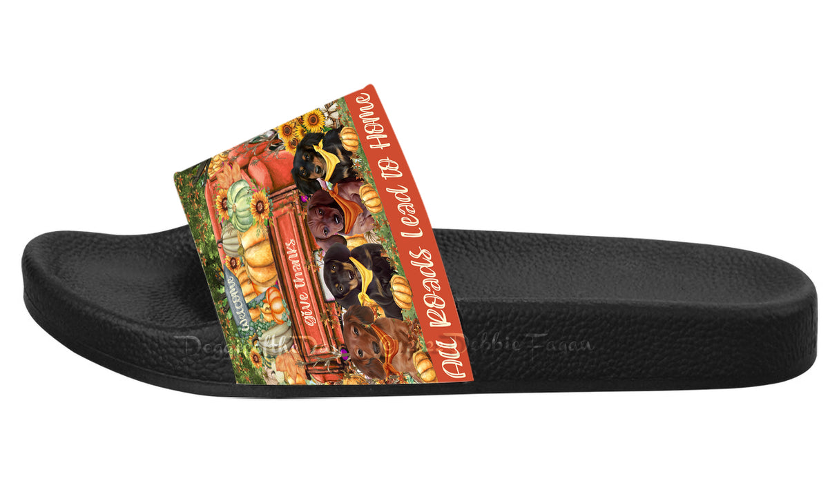 All Roads Lead to Home Orange Truck Harvest Fall Pumpkin Dachshund Dog Women's Slide Sandals