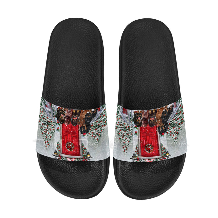 Christmas Holiday Welcome Red Door Dachshund Dog Women's Slide Sandals