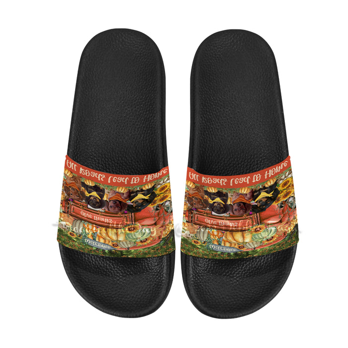 All Roads Lead to Home Orange Truck Harvest Fall Pumpkin Dachshund Dog Women's Slide Sandals