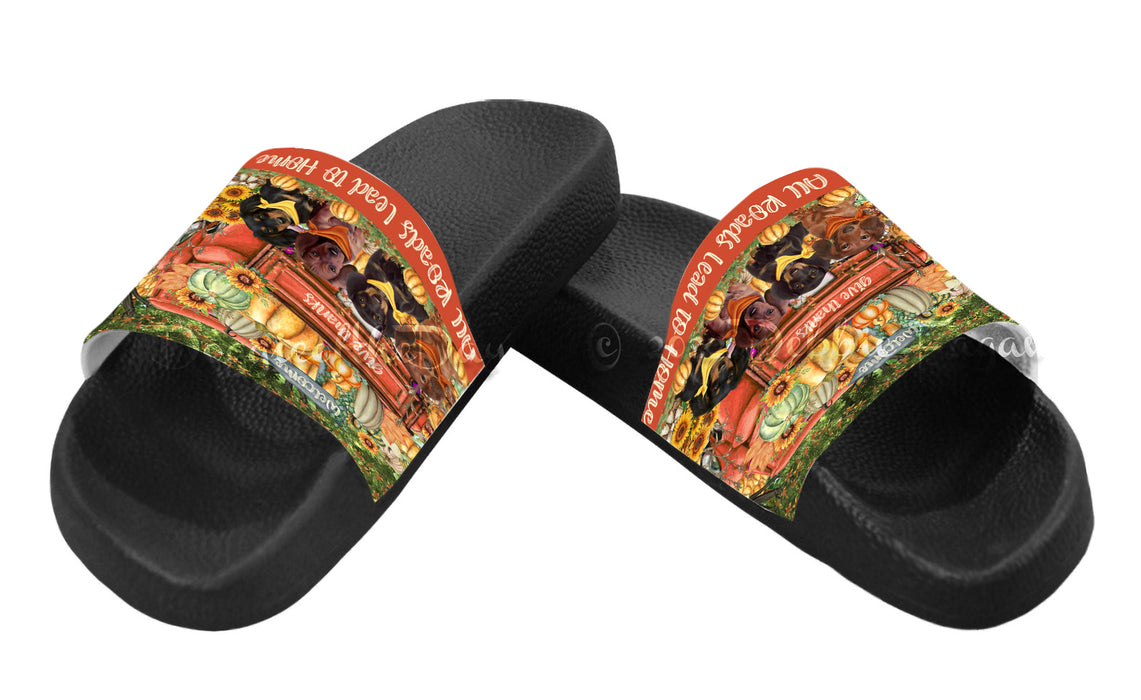 All Roads Lead to Home Orange Truck Harvest Fall Pumpkin Dachshund Dog Women's Slide Sandals