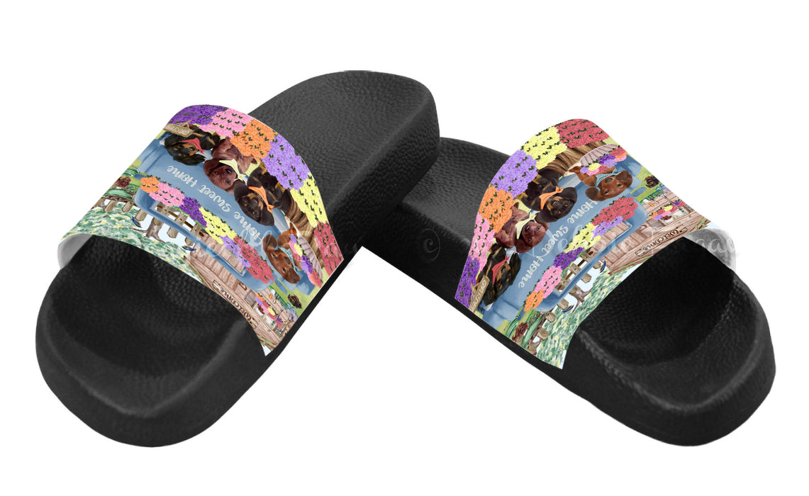 Rhododendron Home Sweet Home Garden Blue Truck Dachshund Dog Women's Slide Sandals