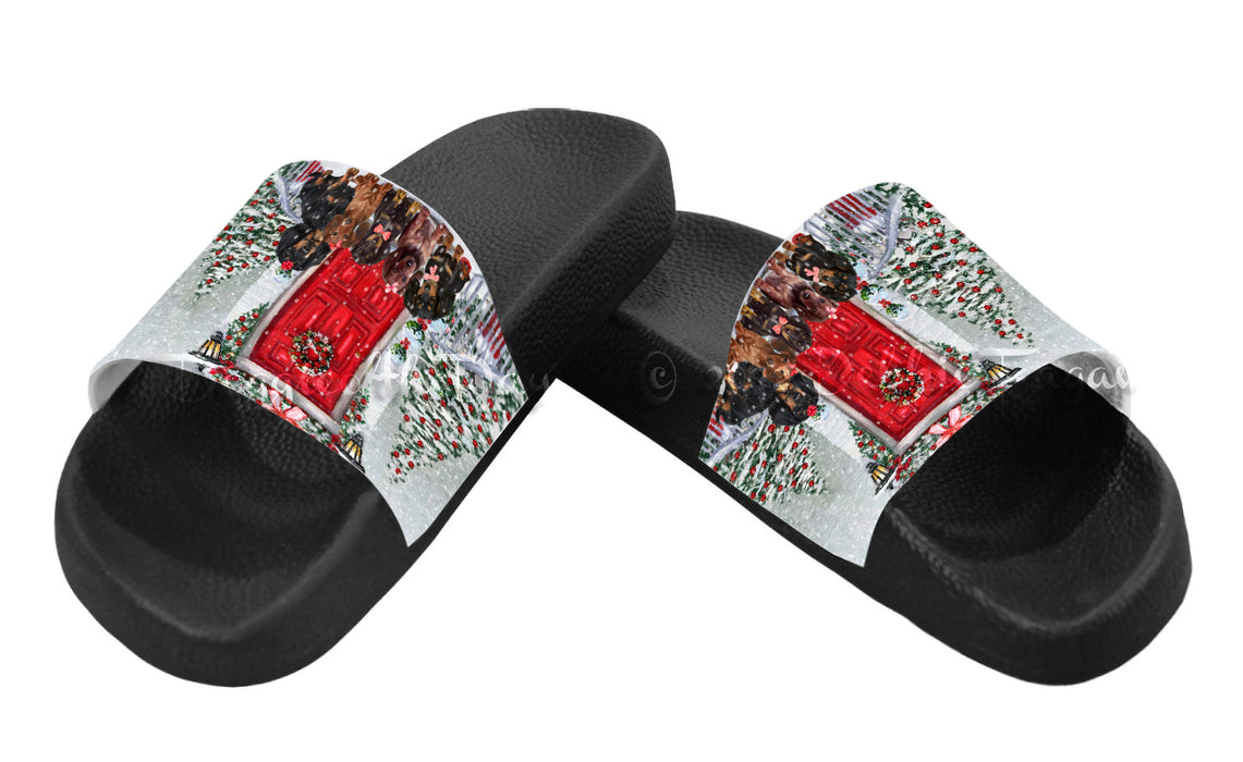 Christmas Holiday Welcome Red Door Dachshund Dog Women's Slide Sandals