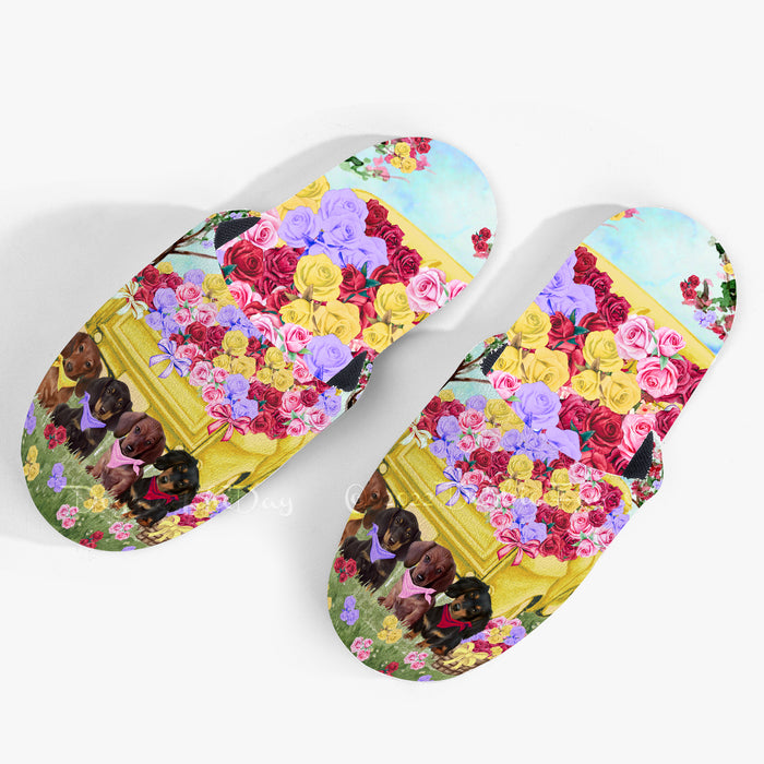 Floral Yellow Truck Dachshund Dogs Women's Men and Kids Non-Slip Cotton Slippers