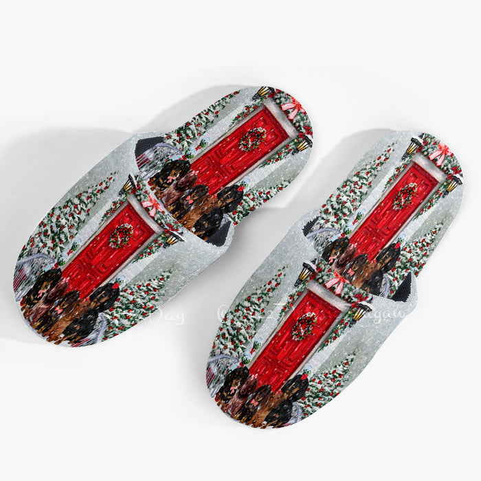 Christmas Holiday Welcome Red Door Dachshund Dogs Women's Men and Kids Non-Slip Cotton Slippers