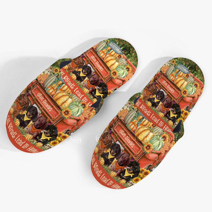 All Roads Lead to Home Orange Truck Harvest Fall Pumpkin Dachshund Dogs Women's Men and Kids Non-Slip Cotton Slippers