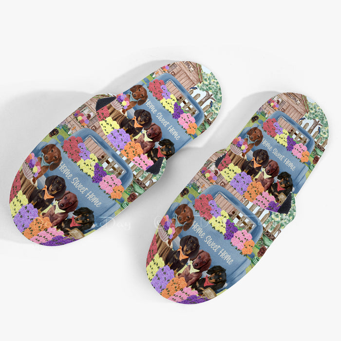 Rhododendron Home Sweet Home Garden Blue Truck Dachshund Dogs Women's Men and Kids Non-Slip Cotton Slippers