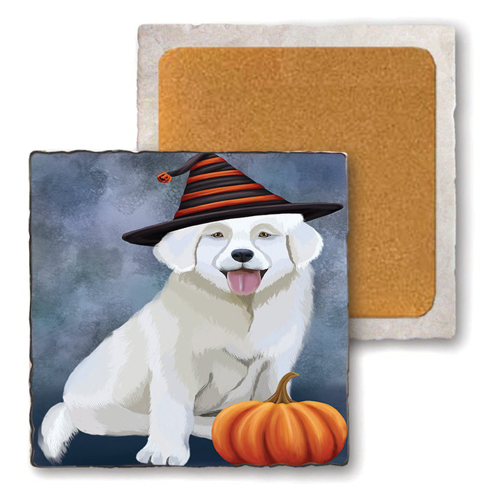Happy Halloween Slovak Cuvac Cat Wearing Witch Hat with Pumpkin Set of 4 Natural Stone Marble Tile Coasters MCST49813