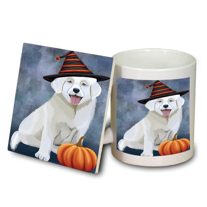 Happy Halloween Slovak Cuvac Cat Wearing Witch Hat with Pumpkin Mug and Coaster Set MUC54805