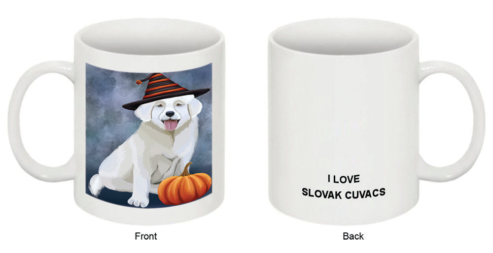 Happy Halloween Slovak Cuvac Cat Wearing Witch Hat with Pumpkin Coffee Mug MUG50211