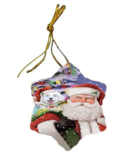 Santa Carrying Slovensky Cuvac Dog and Christmas Presents Star Porcelain Ornament SPOR55890