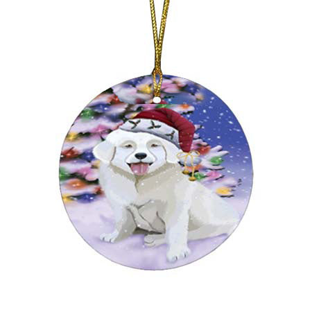 Winterland Wonderland Slovensky Cuvac Dog In Christmas Holiday Scenic Background Round Flat Christmas Ornament RFPOR56087