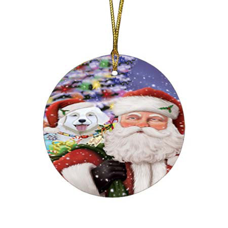Santa Carrying Slovensky Cuvac Dog and Christmas Presents Round Flat Christmas Ornament RFPOR55890
