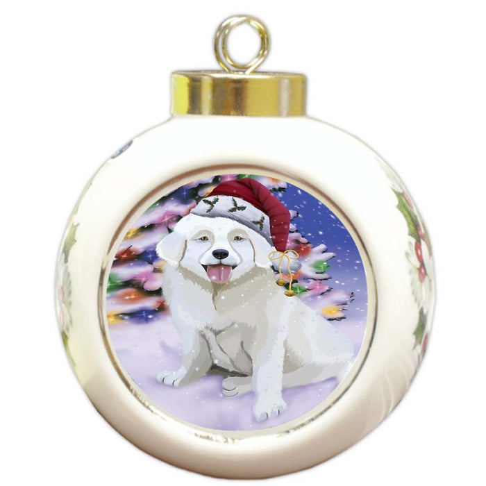 Winterland Wonderland Slovensky Cuvac Dog In Christmas Holiday Scenic Background Round Ball Christmas Ornament RBPOR56087