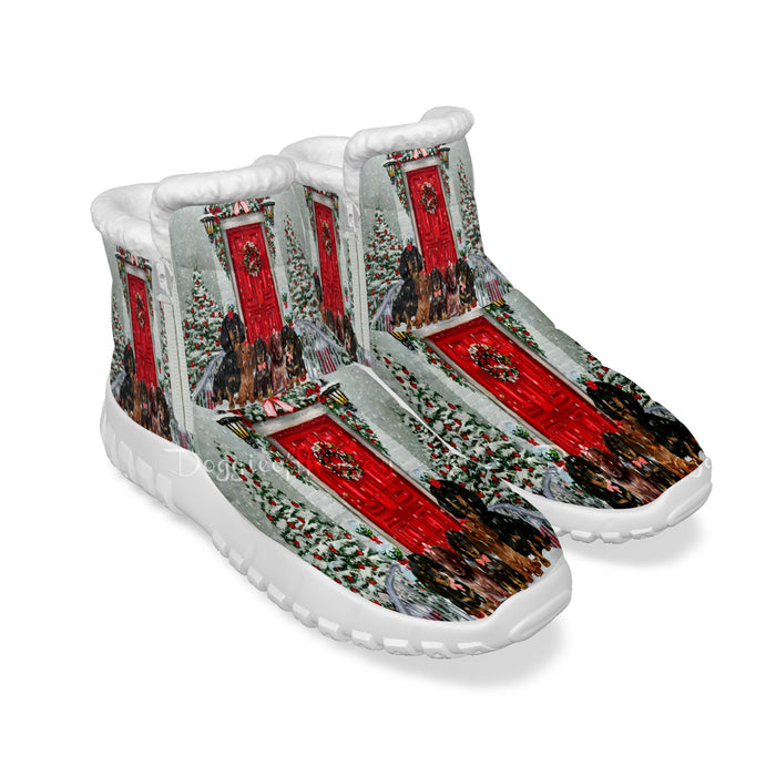 Christmas Holiday Welcome Red Door Dachshund Dogs Snow Boots