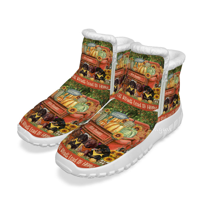 All Roads Lead to Home Orange Truck Harvest Fall Pumpkin Dachshund Dogs Snow Boots