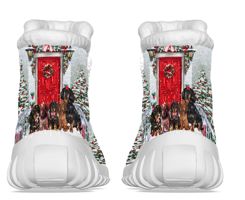 Christmas Holiday Welcome Red Door Dachshund Dogs Snow Boots