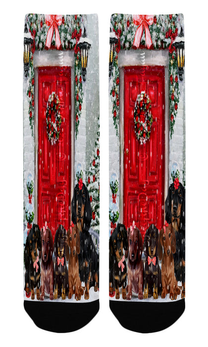 Christmas Holiday Welcome Red Door Dachshund Dogs Socks for Men's Kids Women's