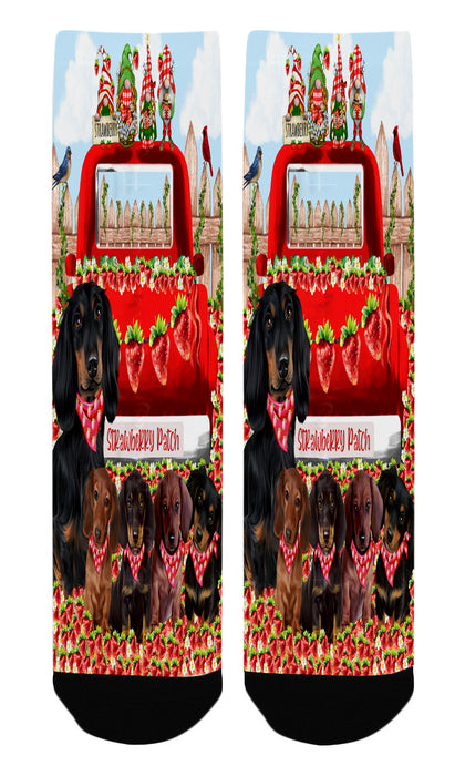 Strawberry Patch with Gnomes Dachshund Dogs Socks for Men's Kids Women's