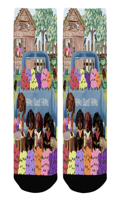 Rhododendron Home Sweet Home Garden Blue Truck Dachshund Dogs Socks for Men's Kids Women's