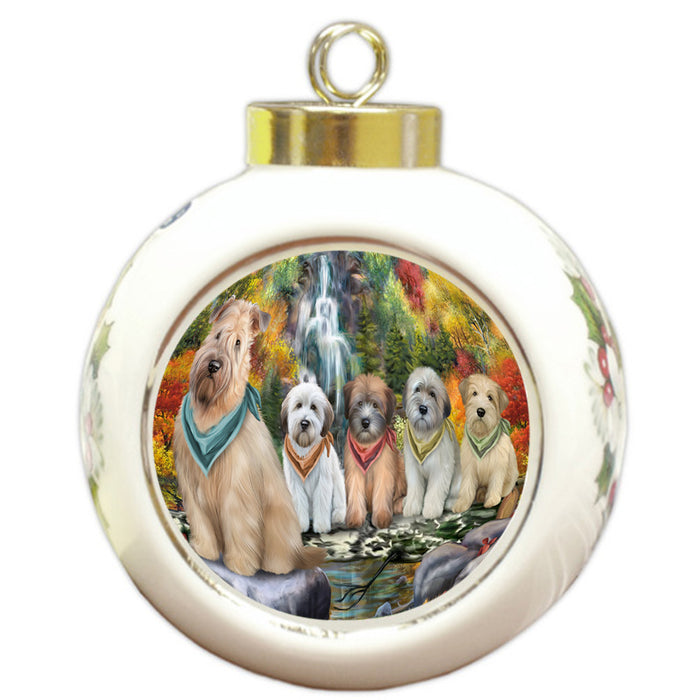 Scenic Waterfall Soft-Coated Wheaten Terriers Dog Round Ball Christmas Ornament RBPOR50183