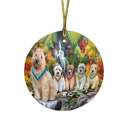 Scenic Waterfall Soft-Coated Wheaten Terriers Dog Round Flat Christmas Ornament RFPOR50174