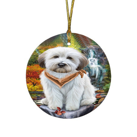 Scenic Waterfall Soft-Coated Wheaten Terrier Dog Round Flat Christmas Ornament RFPOR50175