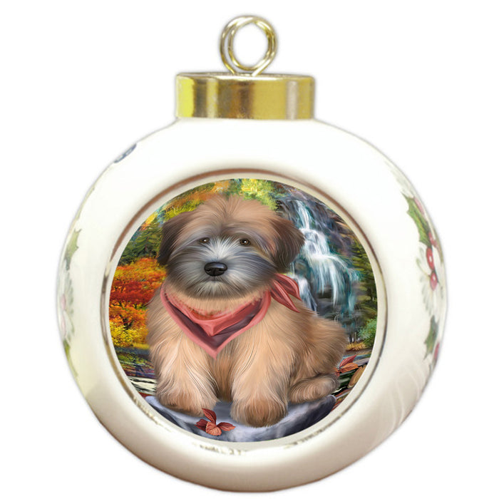 Scenic Waterfall Soft-Coated Wheaten Terrier Dog Round Ball Christmas Ornament RBPOR50185