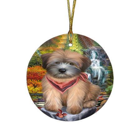 Scenic Waterfall Soft-Coated Wheaten Terrier Dog Round Flat Christmas Ornament RFPOR50176