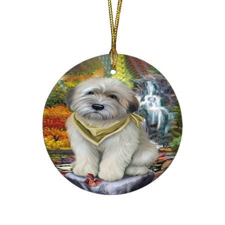 Scenic Waterfall Soft-Coated Wheaten Terrier Dog Round Flat Christmas Ornament RFPOR50177