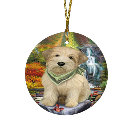 Scenic Waterfall Soft-Coated Wheaten Terrier Dog Round Flat Christmas Ornament RFPOR50178