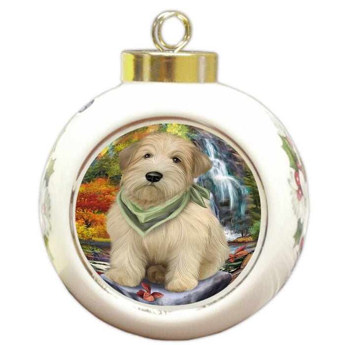 Scenic Waterfall Soft-Coated Wheaten Terrier Dog Round Ball Christmas Ornament RBPOR50187