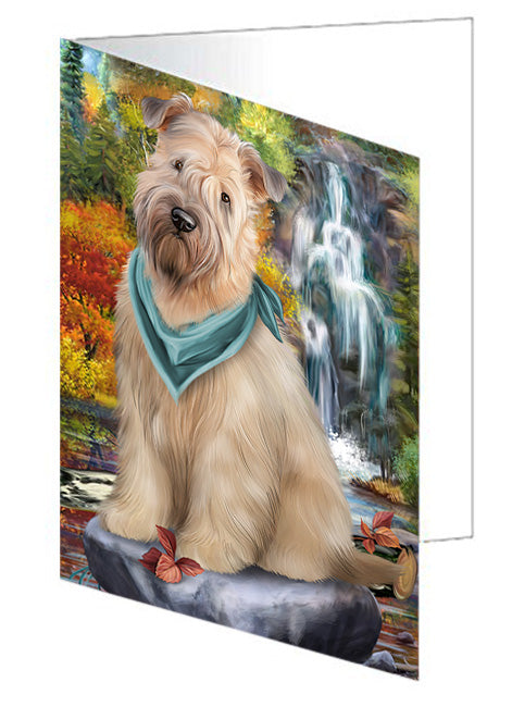 Scenic Waterfall Soft-Coated Wheaten Terrier Dog Handmade Artwork Assorted Pets Greeting Cards and Note Cards with Envelopes for All Occasions and Holiday Seasons GCD54593