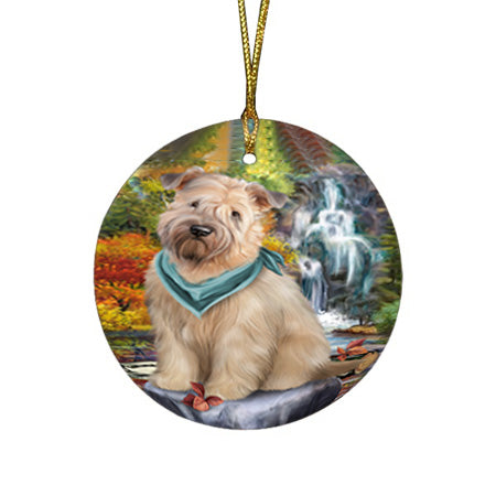 Scenic Waterfall Soft-Coated Wheaten Terrier Dog Round Flat Christmas Ornament RFPOR50179