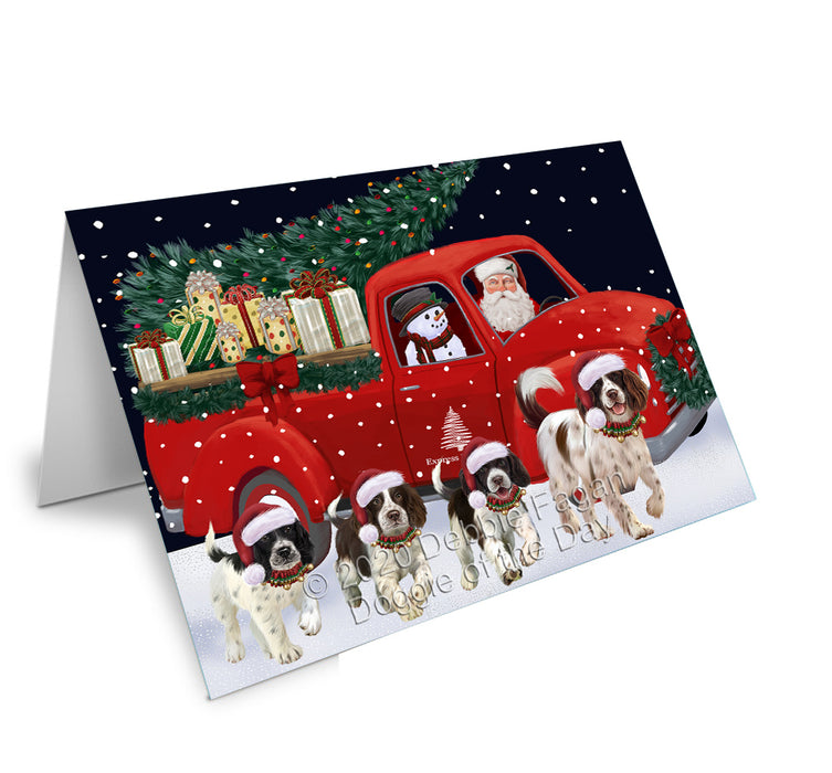 Christmas Express Delivery Red Truck Running Springer Spaniel Dogs Handmade Artwork Assorted Pets Greeting Cards and Note Cards with Envelopes for All Occasions and Holiday Seasons GCD75230