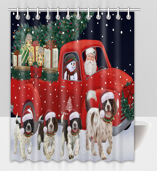 Christmas Express Delivery Red Truck Running Springer Spaniel Dogs Shower Curtain Bathroom Accessories Decor Bath Tub Screens