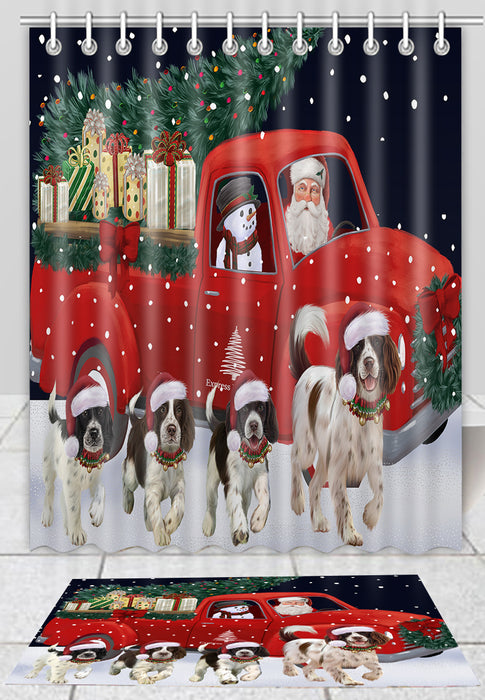 Christmas Express Delivery Red Truck Running Springer Spaniel Dogs Bath Mat and Shower Curtain Combo