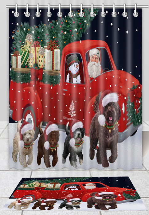 Christmas Express Delivery Red Truck Running Spanish Water Dogs Bath Mat and Shower Curtain Combo