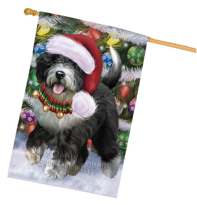 Chistmas Trotting in the Snow Spanish Water Dog House Flag Outdoor Decorative Double Sided Pet Portrait Weather Resistant Premium Quality Animal Printed Home Decorative Flags 100% Polyester FLG69666