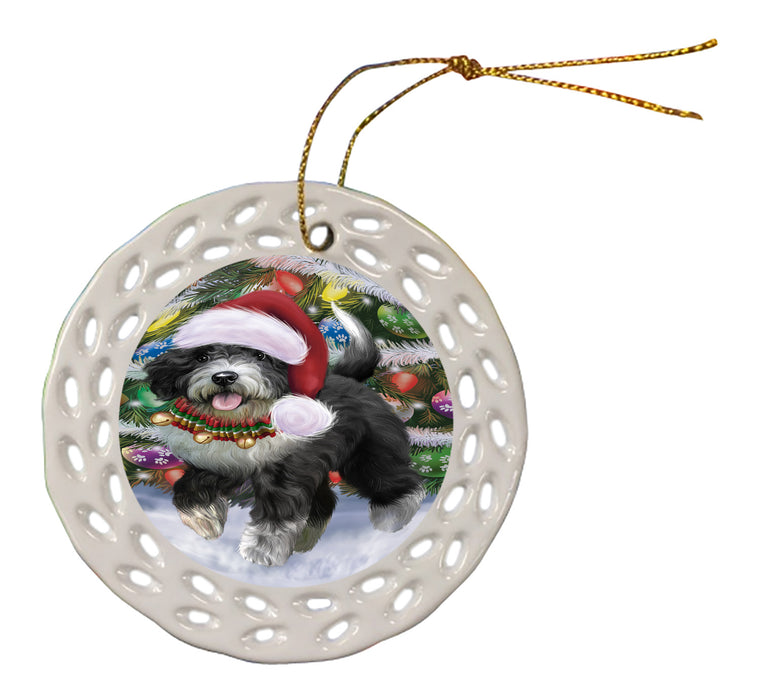 Chistmas Trotting in the Snow Spanish Water Dog Doily Ornament DPOR59164