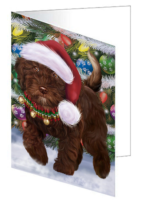Chistmas Trotting in the Snow Spanish Water Dog Handmade Artwork Assorted Pets Greeting Cards and Note Cards with Envelopes for All Occasions and Holiday Seasons