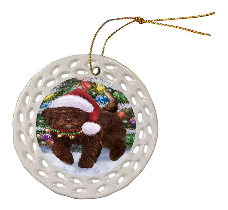 Chistmas Trotting in the Snow Spanish Water Dog Doily Ornament DPOR59165