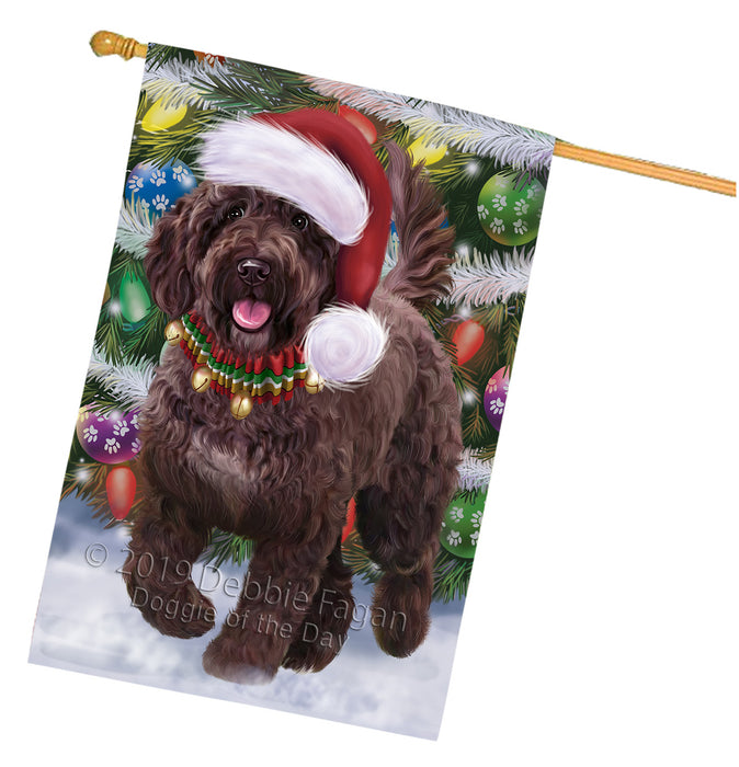 Chistmas Trotting in the Snow Spanish Water Dog House Flag Outdoor Decorative Double Sided Pet Portrait Weather Resistant Premium Quality Animal Printed Home Decorative Flags 100% Polyester FLG69668