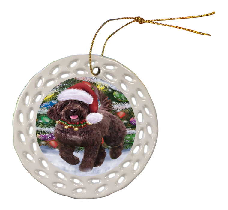 Chistmas Trotting in the Snow Spanish Water Dog Doily Ornament DPOR59166