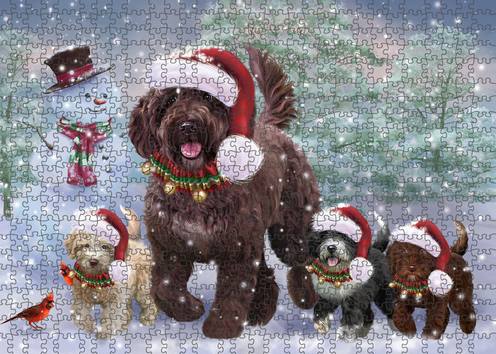 Christmas Running Family Spanish Water Dogs Portrait Jigsaw Puzzle for Adults Animal Interlocking Puzzle Game Unique Gift for Dog Lover's with Metal Tin Box