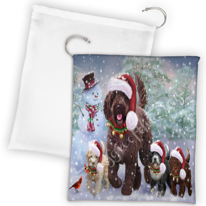 Christmas Running Fammily Spanish Water Dogs Drawstring Laundry or Gift Bag LGB48253