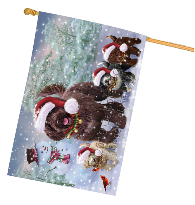 Christmas Running Family Spanish Water Dogs House Flag Outdoor Decorative Double Sided Pet Portrait Weather Resistant Premium Quality Animal Printed Home Decorative Flags 100% Polyester