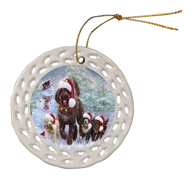 Christmas Running Family Spanish Water Dogs Doily Ornament DPOR59123