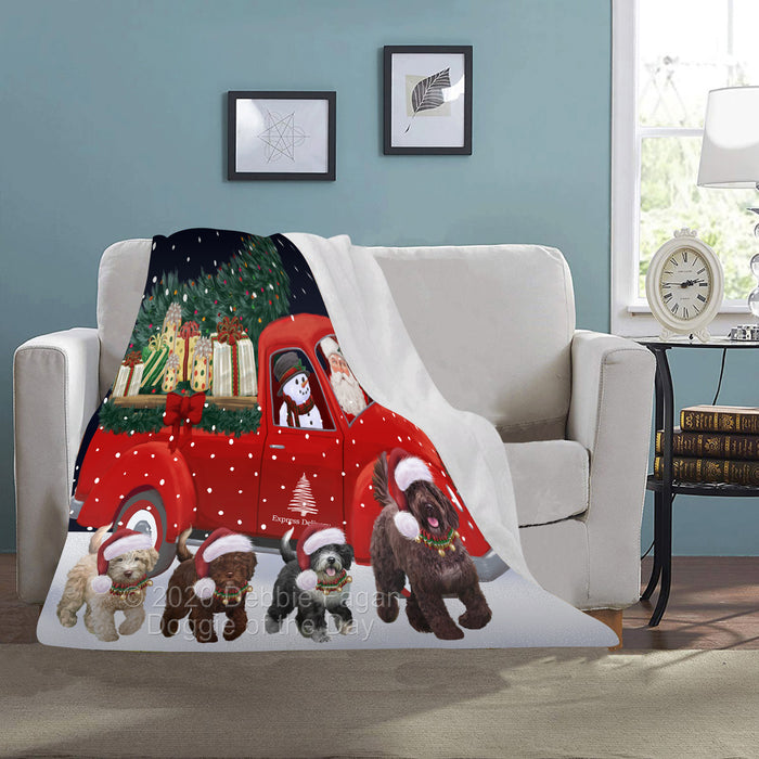 Christmas Express Delivery Red Truck Running Spanish Water Dogs Blanket BLNKT141973