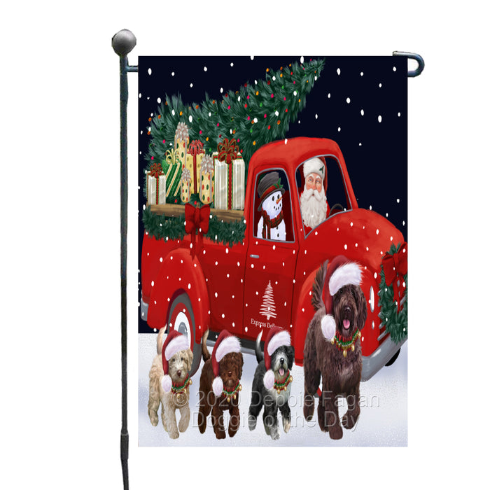 Christmas Express Delivery Red Truck Running Spanish Water Dogs Garden Flag GFLG66497